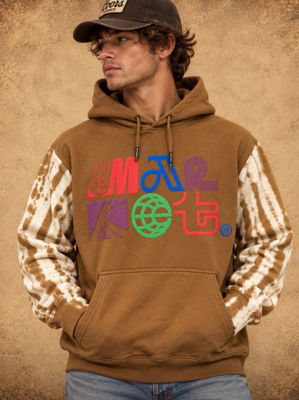 RARE Market Brown Graphic Hoodie with Tie-Dye Cream Sleeves